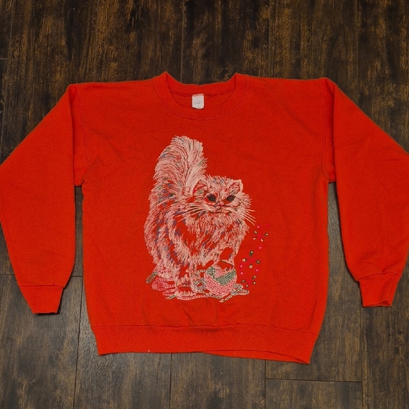 Tops - 80s Kitty Sweatshirt Large Orange Vintage Granny Core Puffy Cat Lady Pullover